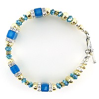 Blue Carribean Bling Bracelet- bracelets, Swarovski Crystals cubes, 14 K Gold Filled Beads, Squaredels, Sterling Silver


