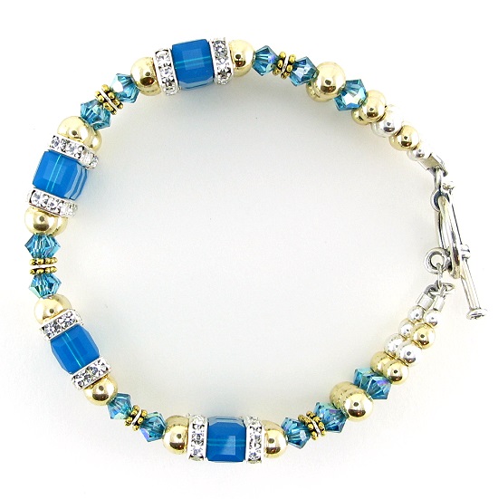 Blue Caribbean Bling Bracelet- bracelets, Swarovski Crystals cubes, 14 K Gold Filled Beads, Squaredels, Sterling Silver


