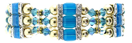 Blue Caribbean Bling Bracelet- bracelets, Swarovski Crystals cubes, 14 K Gold Filled Beads, Squaredels, Sterling Silver


