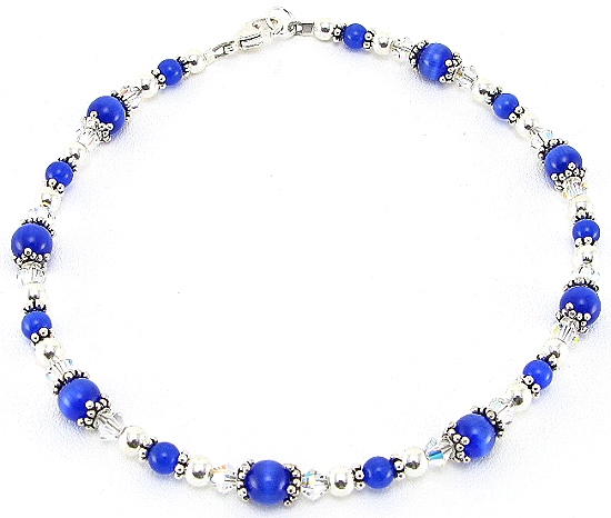 Blue Cats Eye & Swarovski Crystal Ankle Bracelet-ankle bracelets, ankle bracelet, anklets, anklet, Swarovski Crystals, Cats eye, Sterling Silver, fiber-optic