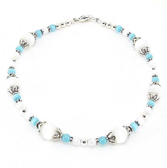White & Teal Cats Eye Ankle Bracelet-ankle bracelets, ankle bracelet, anklet, Sterling silver, Cats Eye, fiber-optic 