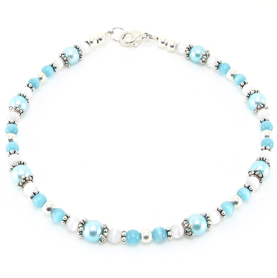 Teal Pearl & Cats Eye Ankle Bracelet-ankle bracelets, ankle bracelet, anklets, anklet, pearl, cats eye, fiber-optic, sterling silver
