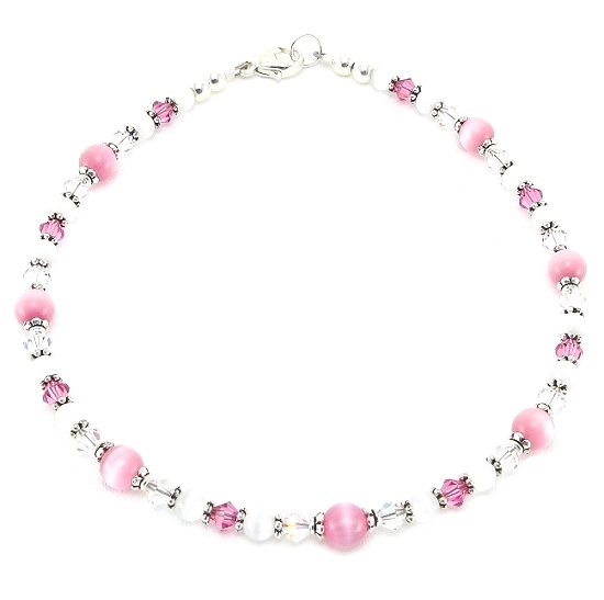 Pink Swarovski Crystal, Cats Eye & Sterling Silver Ankle Bracelet-ankle bracelets, ankle bracelet, anklets, anklet, Swarovski crystal, Cats eye bead, Sterling Silver, fiber-optic