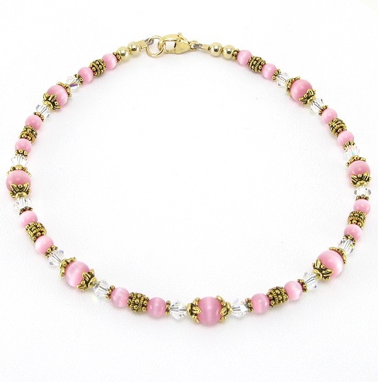 Pink Cats Eye, Swarovski Crystal & 14 K Gold Filled Ankle Bracelet-ankle bracelets, ankle bracelet, anklets, anklet, Swarovski crystal, Cats eye bead, 14 K Gold Filled, fiber-optic