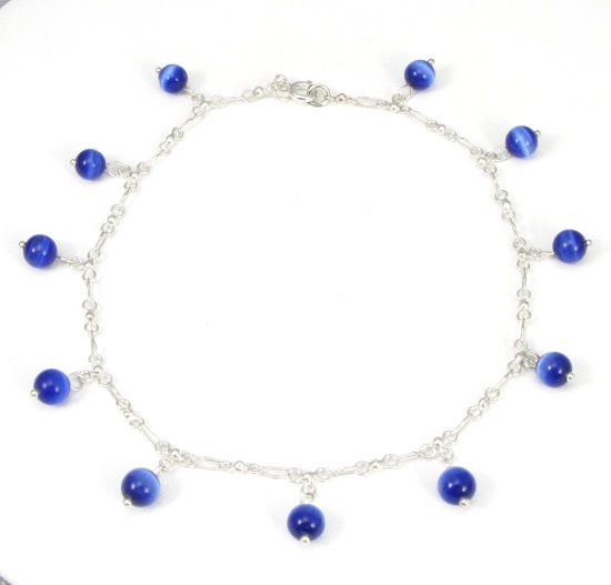 Blue Cats Eye Dangle Ankle Bracelet-ankle bracelets, ankle bracelet, anklets, anklet, Cats eye, Sterling Silver, fiber-optic, chain