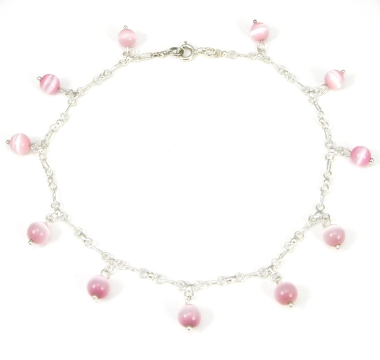 Pink Cats Eye Dangle Ankle Bracelet-ankle bracelets, ankle bracelet, anklets, anklet, Cats eye, Sterling Silver, fiber-optic, chain