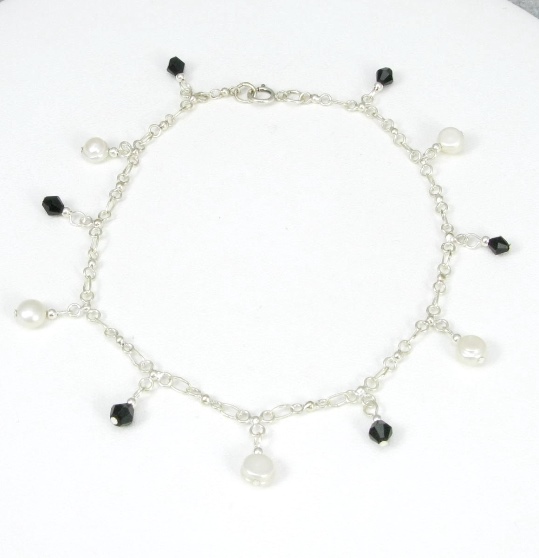 Pearl & Crystal Dangle Ankle Bracelet-ankle bracelets, ankle bracelet, anklets, anklet, pearl, Sterling Silver, chain