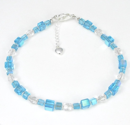 Teal Cubes Beaded Ankle Bracelet-ankle bracelets, ankle bracelet, anklets, anklet, Sterling Silver