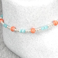 Teal & Orange Cats Eye Ankle Bracelet-ankle bracelets, ankle bracelet, anklets, anklet, Cats eye, Sterling Silver, fiber-optic