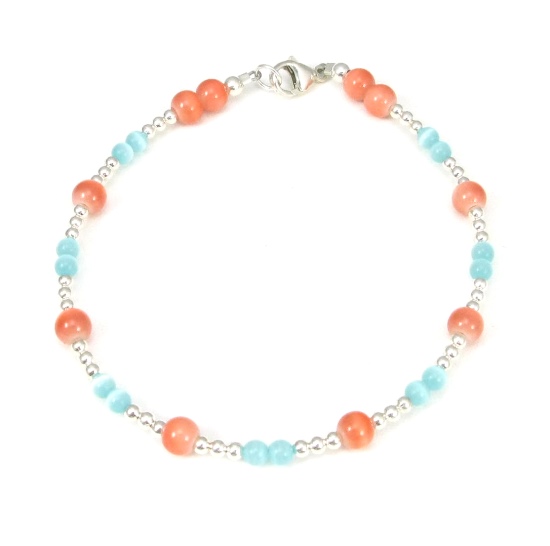 Teal & Orange Cats Eye Ankle Bracelet-ankle bracelets, ankle bracelet, anklets, anklet, Cats eye, Sterling Silver, fiber-optic