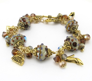 Brown Delicious Accessories Lampwork Bracelet-bracelets, swarovski bracelet, lampwork beads, gold tone purse charms, shoe charms