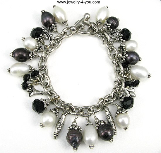 Black & White Pearl Bracelet-Freshwater Pearls, Sterling Silver, Black & White, Swarovski Crystals