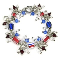 Patriotic Bracelet-Patriotic, Sterling Silver, Red, White & Blue, Furnace Glass, Swarovski Crystals