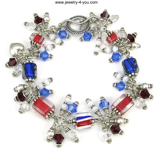 Patriotic Bracelet-Patriotic, Sterling Silver, Red, White & Blue, Furnace Glass, Swarovski Crystals