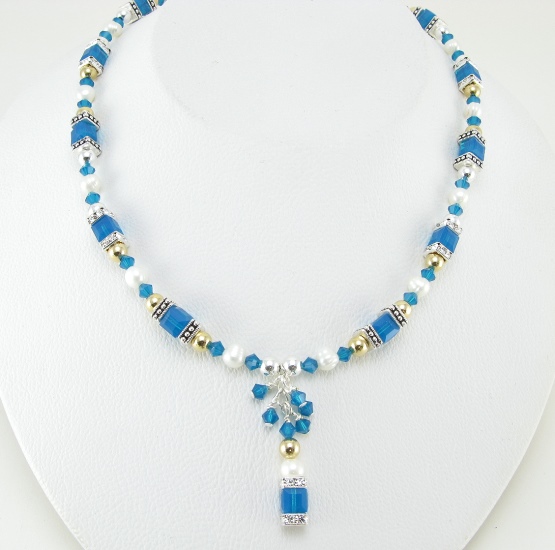 Blue Carribean Necklace- necklaces, necklace, swarovski crystals, sterling silver, freshwater pearls